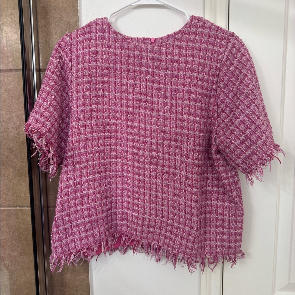 🌸 VICI Pink Tweed Short Sleeve Top – Size Large 🌸